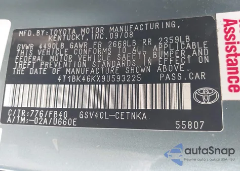 2009 Toyota Camry Le V6 из США, поврежденный, VIN 4T1BK46KX9U593225